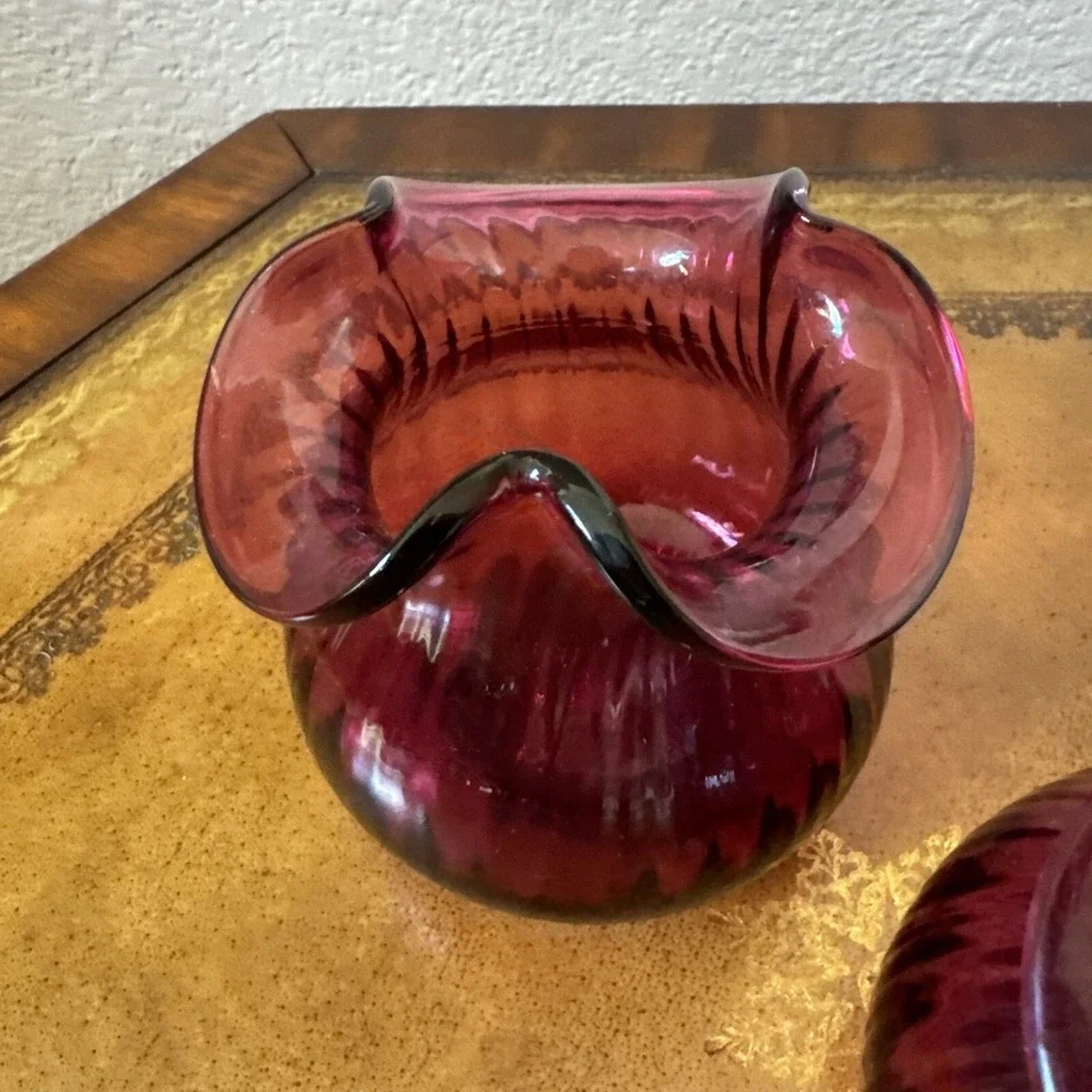 Vtg Pilgrim Glass Optic Cranberry‎ Pink Pitcher Ribbed Clear Handle + Sugar Bowl